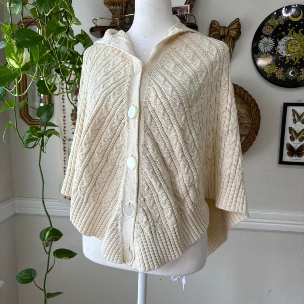 Vintage Y2K Tommy Jeans OSFM Cream Cable Knit Button Up Earthy Poncho Slip‎ On